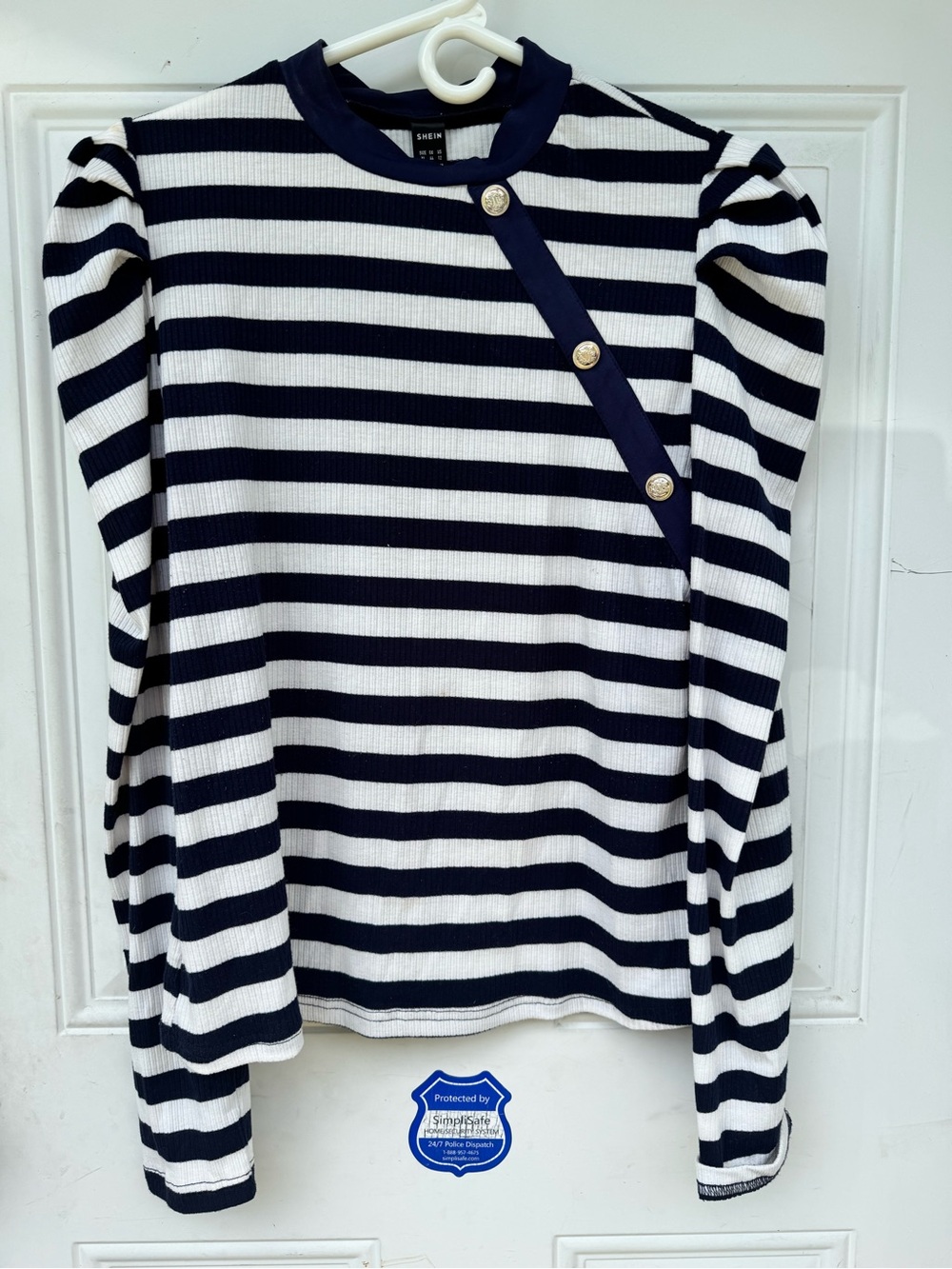 SHEIN Navy & White Striped Puff-Sleeve Long Sleeve Top with Gold Buttons
